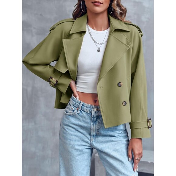 Women's Army Green Crop Double Breasted Trench Coat Raglan Sleeve Cropped Jacket - Picture 2 of 5
